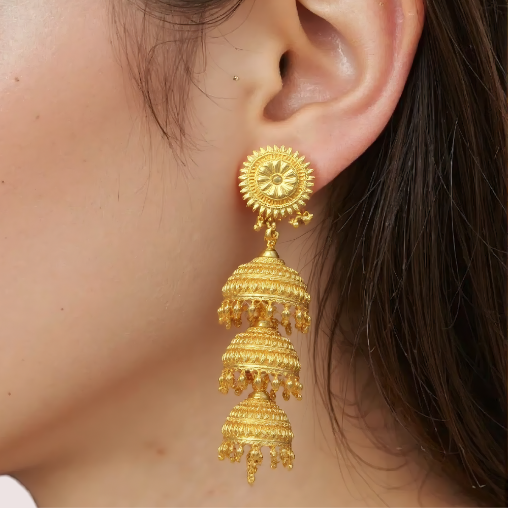 Triple-Tiered Gold Jhumka Earrings