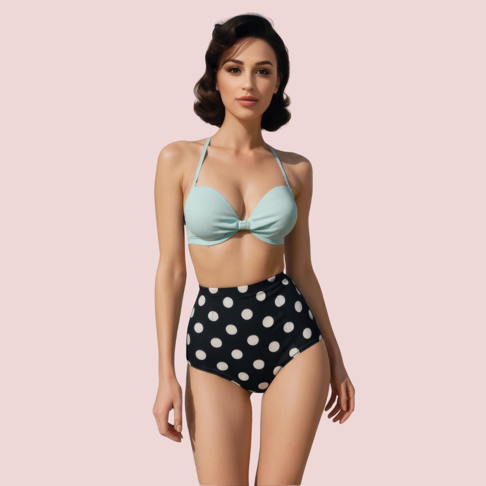 Retro Halter Neck &amp; Bow-Front Sweetheart Bikini Topa in Mint (Top Only)