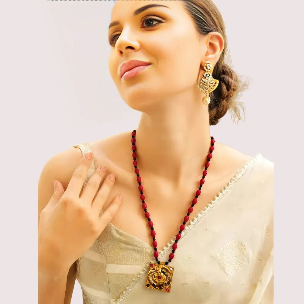Royal Red Beaded Temple Pendant Necklace