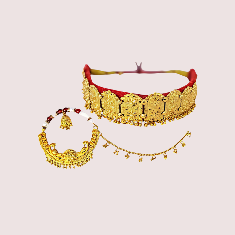 Kumauni Gold-Plated Guluband &amp; Nath Jewellery Set